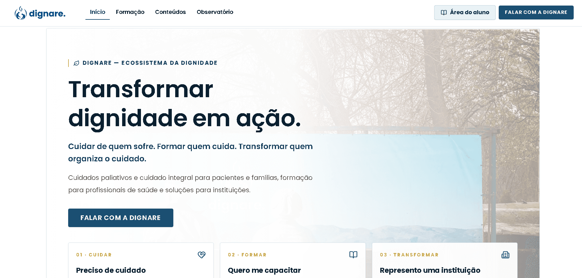 Tela inicial da plataforma Dignare, ecossistema de cuidados paliativos